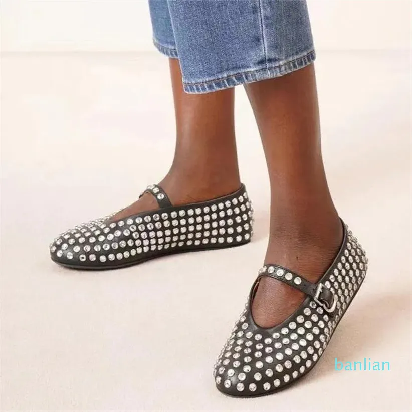 shoes Ballet flats Designer dress shoes Round Toe Rhinestone leather buckle Flat Shoes mesh Mary Jane large size 43