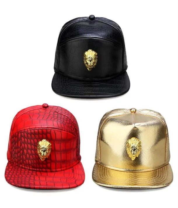 Metal Altın Aslan Kafa Logo PU Deri Beyzbol Kapı Gündelik Unisex Kemer Tepe Hip Hop Rap 3 Panel Güneş Snapback Hatlar Erkek Kadınlar253y7790176