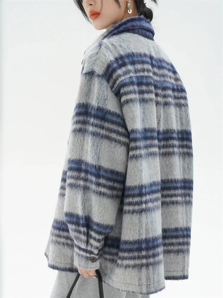 Kvinnans jackor Kvinnor Gray Blue Plaid Lapel Woolen Bomullsjacka Spring och Autumn Chic Female Single Breasted Long Sleeved Loose Coat 231211