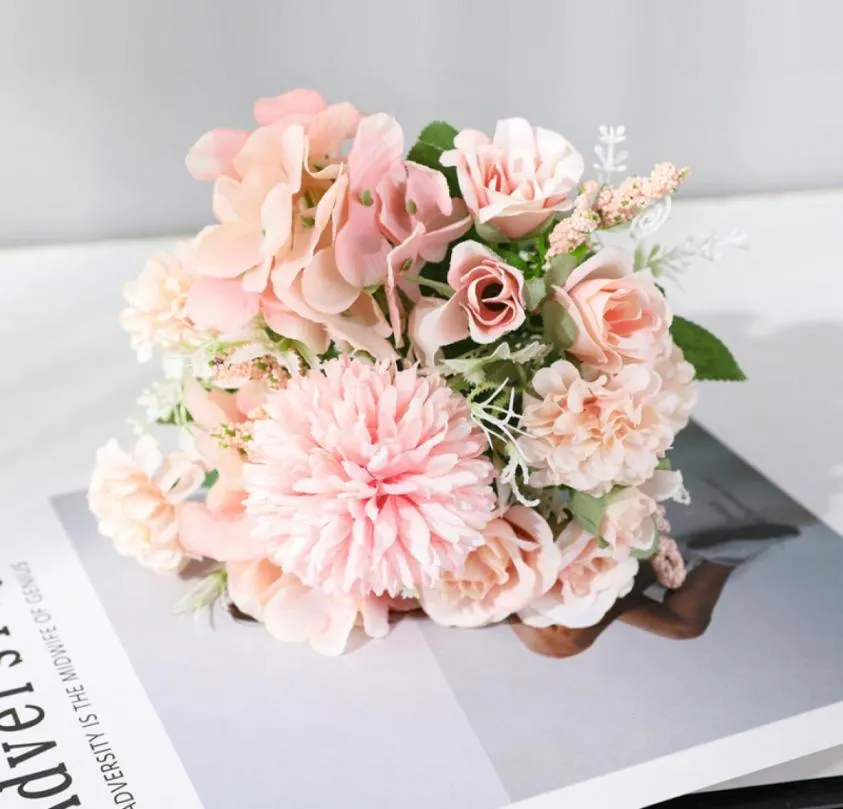 7 Heads Hydrangea Flowers Artificial Bouquet Silk Blooming Fake Peony Bridal Hand Flower Roses Wedding Centerpieces Decor1328449