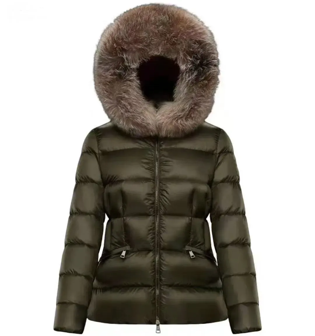 Nylon court doudoune femmes classique concepteur fermeture à glissière poches ceinture épais chaud manteau dame fourrure capuche longue hiver vêtements d'extérieur