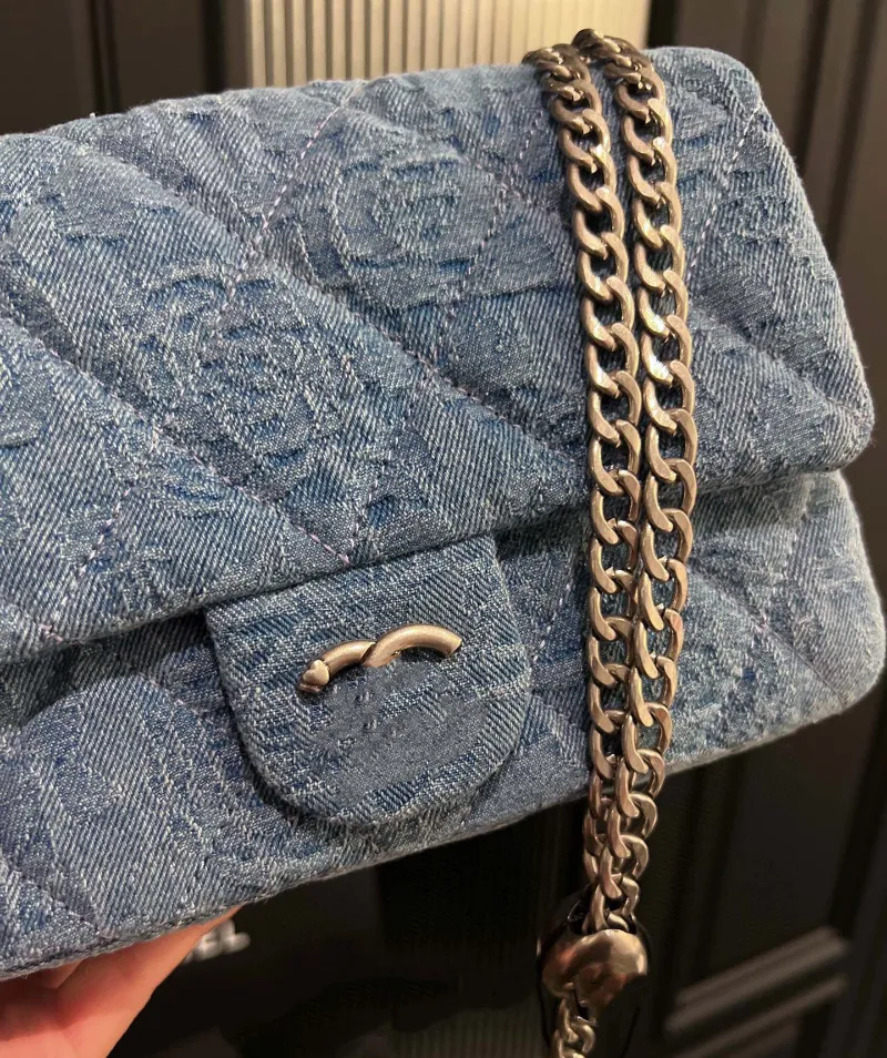Sacs de luxe brodés camélia, sac à chaîne en Denim bleu rétro, sac à bandoulière de styliste