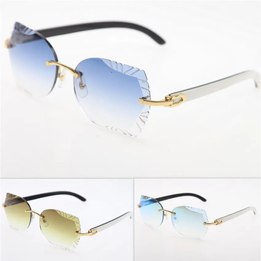 Popüler oyma ayna lens kenarsız güneş gözlükleri orijinal beyaz karışım siyah bufalo boynuz gözlükleri altın mavi kırmızı moda Accessor305g