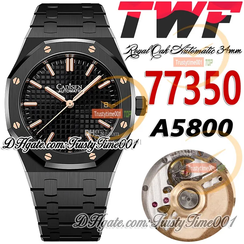 TWF 34 mm 77350 A5800 Montre automatique pour dame 50e anniversaire DLC Cadran texturé en acier noir Marqueurs de bâton Bracelet en acier Super Edition Montres pour femmes trustytime001