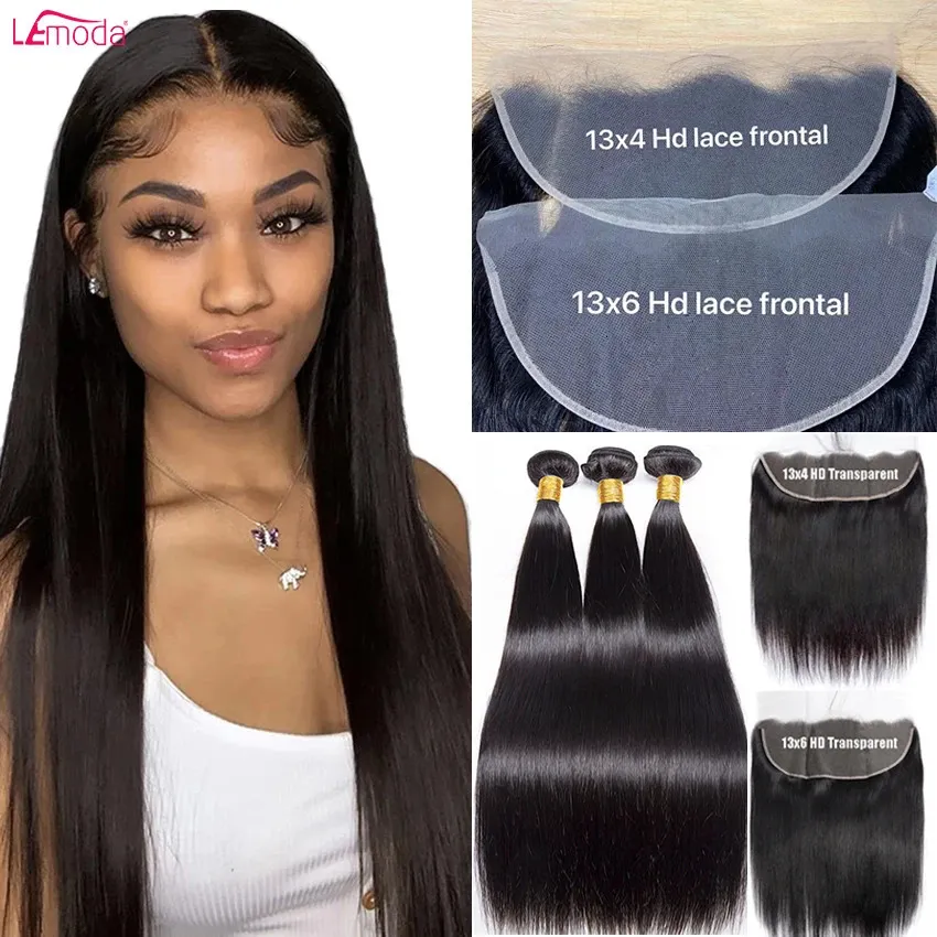 Synthetische Perücken Gerade Bundles Mit 13x4 13x6 HD Transparent Spitze Frontal Verschluss Nur Mit Bundles Brasilianische lemoda Remy Haarwebart 231211