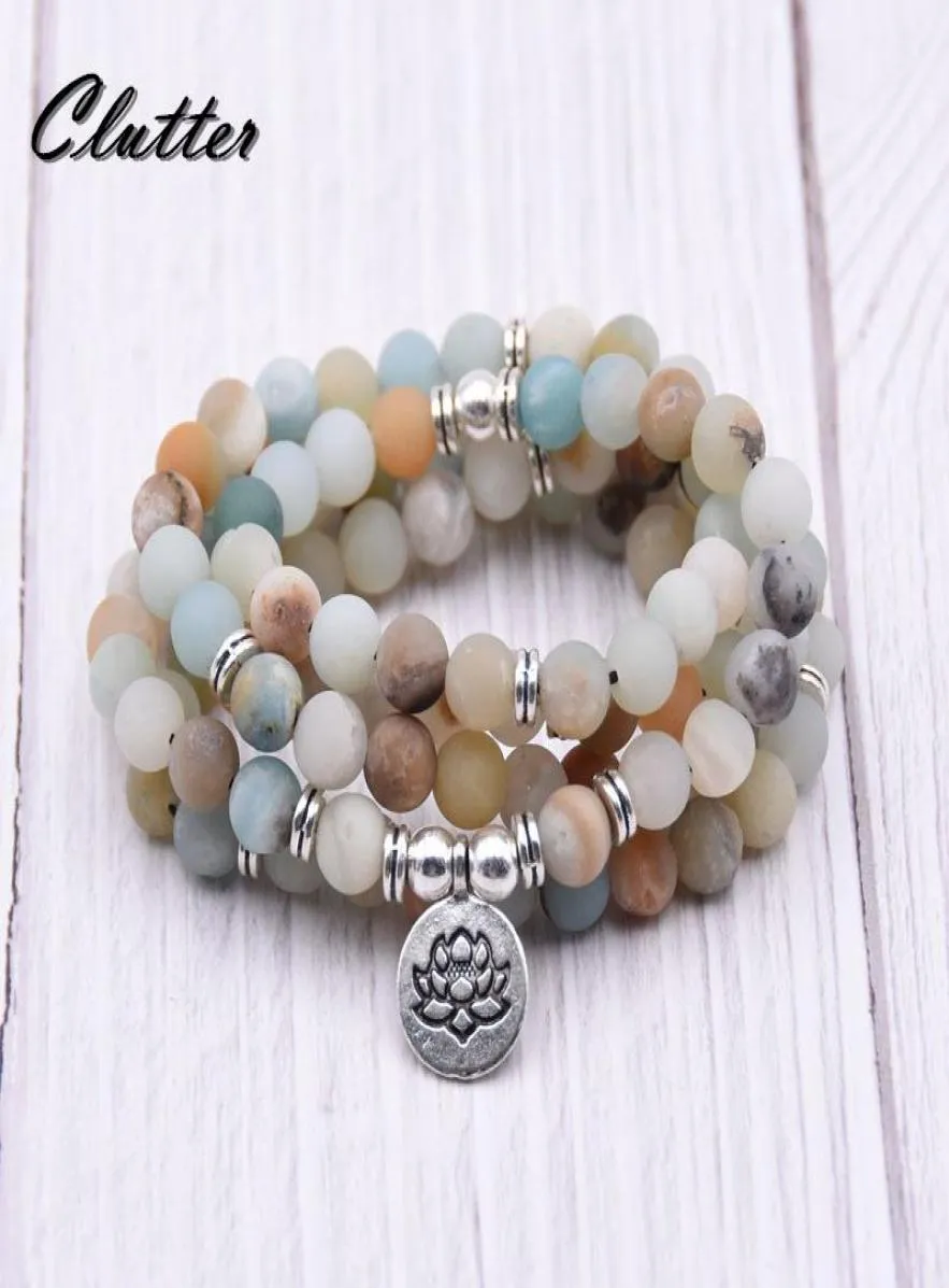 Modisches Damen-Armband oder Halskette aus mattem Amazonit mit 108 Mala-Perlen, hochwertiges Lotus-Charm-Design, Yogi-Perlenstränge3333038