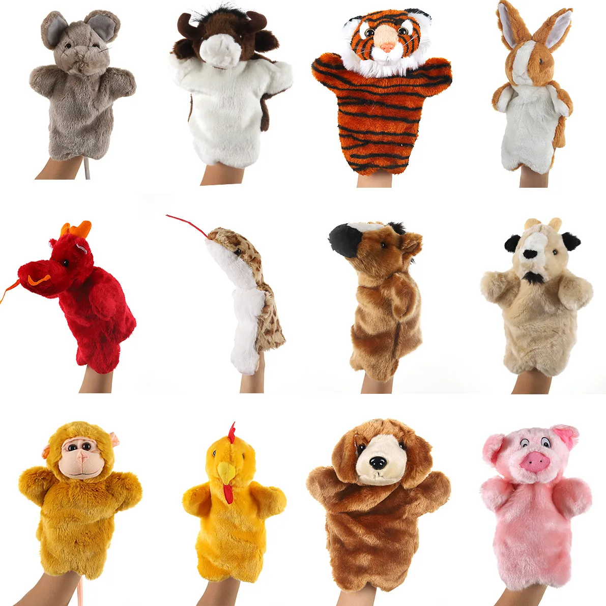 Marionnette à main en peluche animale, vente en gros, enseignement de l'interaction parent-enfant, simulation de narration