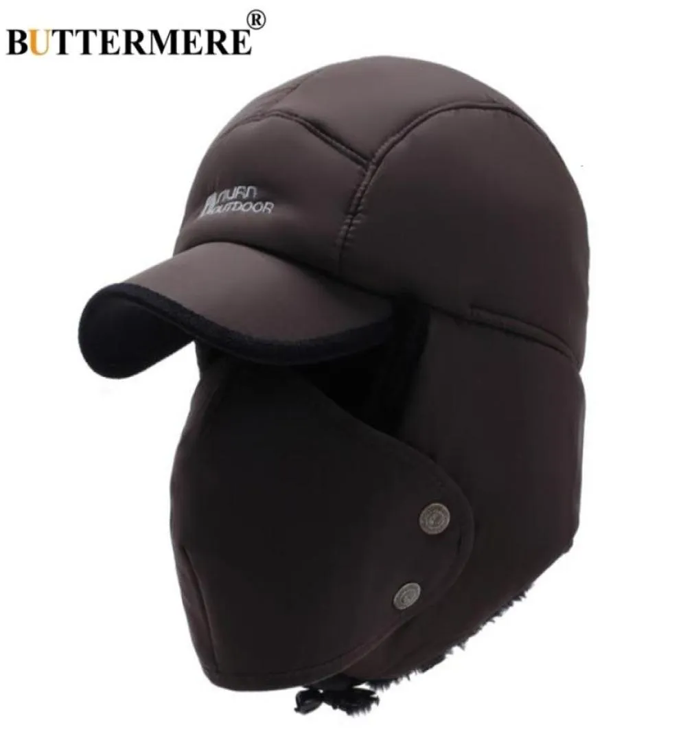 Buttermere Men039s Kış Şapkaları Rus Bombacı Kahve Pamuklu Kulak Şapkaları Erkek Maske Çıkarılabilir Beyzbol Kapağı Kürk Sıcak Ushanka Hat6131128