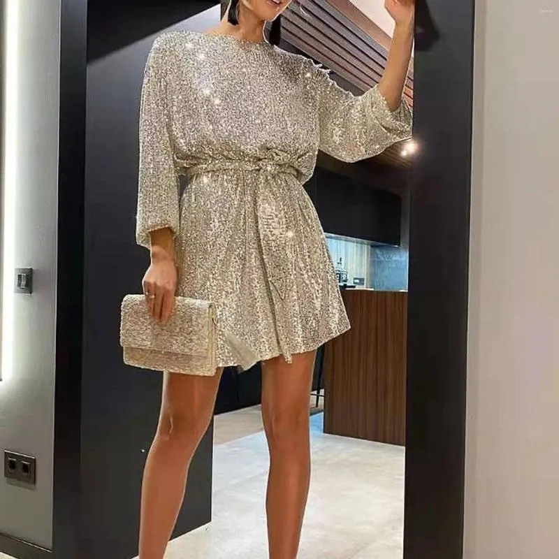 Casual Dresses Womens Puff Long Sleeve Glitter Sequin Dress With Belt Evening Wedding Bridesmaid Sparkly Loose Fit Mini Short