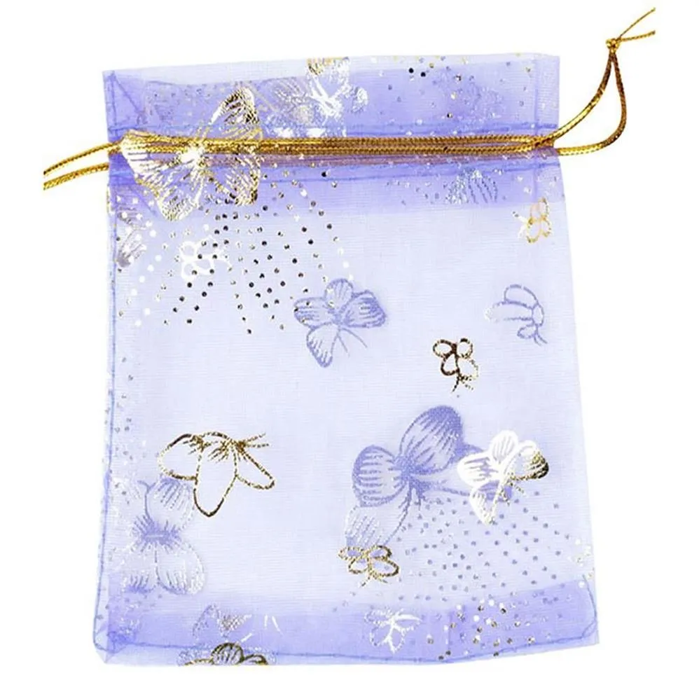 10x12cm 100pcs lot Purple Butterfly Print Wedding Candy Bags Jewelry Packing Drawable Organza Bags Party Gift Pouches226p