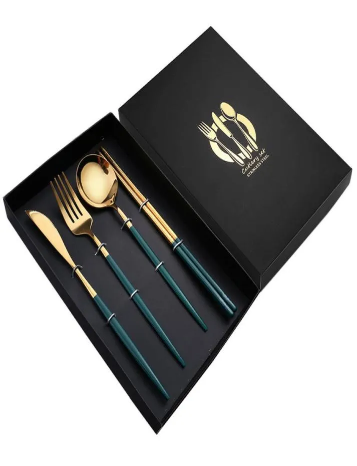 Moda de aço inoxidável talheres dourados conjuntos preto luxo louça cozinha espelho polimento garfo colheres facas conjunto 4pcs5301272