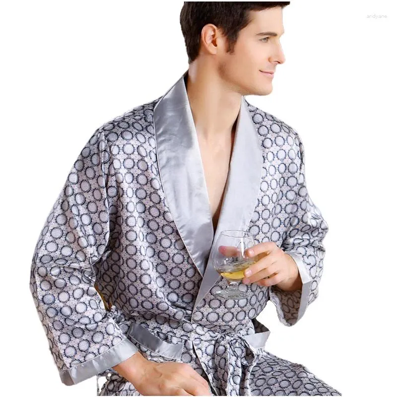 Mäns Sleepwear Men Luxury Silk Bathrobe Geometric Robes Big Size 5xl Kimono GOWN MANA V-HECK SATIN PIJAMAS