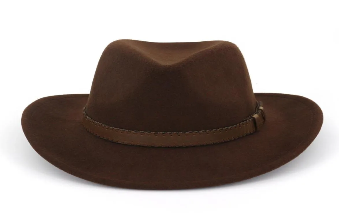 Wide Brim Wool Felt Cowboy Fedora Hats with Dark Brown Leather Band Women Men Classic Party Formal Cap Hat Whole3205061