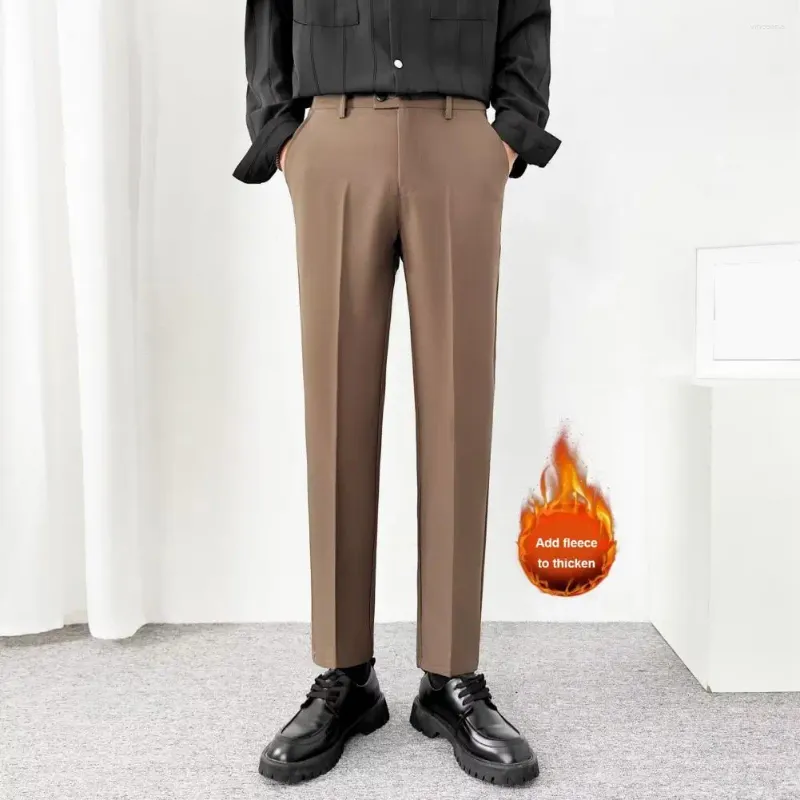 Costumes pour hommes, fermeture éclair à boutons, pantalon épais en peluche avec poches souples, taille moyenne, Style d'affaires formel pour le bureau