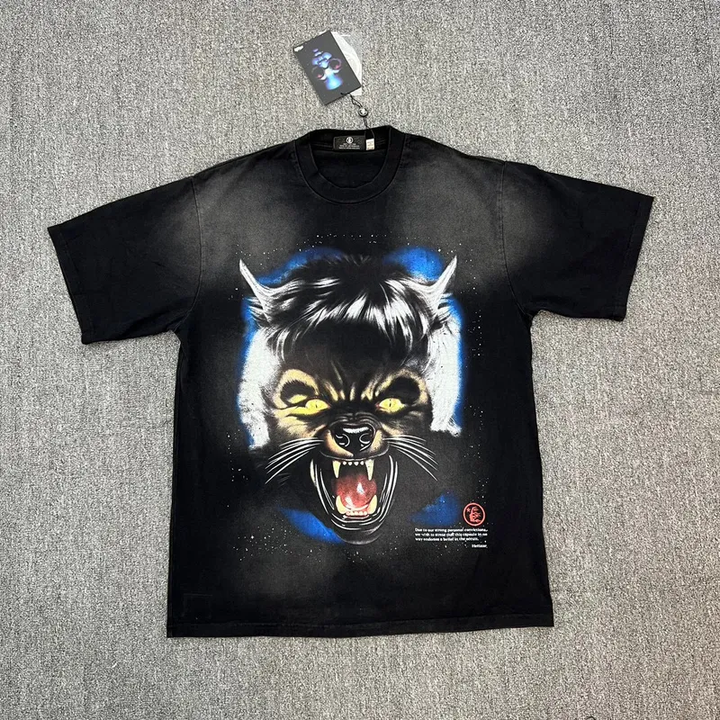 Ciężkie Made USA Men Cartoon Wolf Full Moon Print Bawełny vintage TEE TEE Women Casual T Summer Letni deskorolka z krótkim rękawem Tshirt 23FW