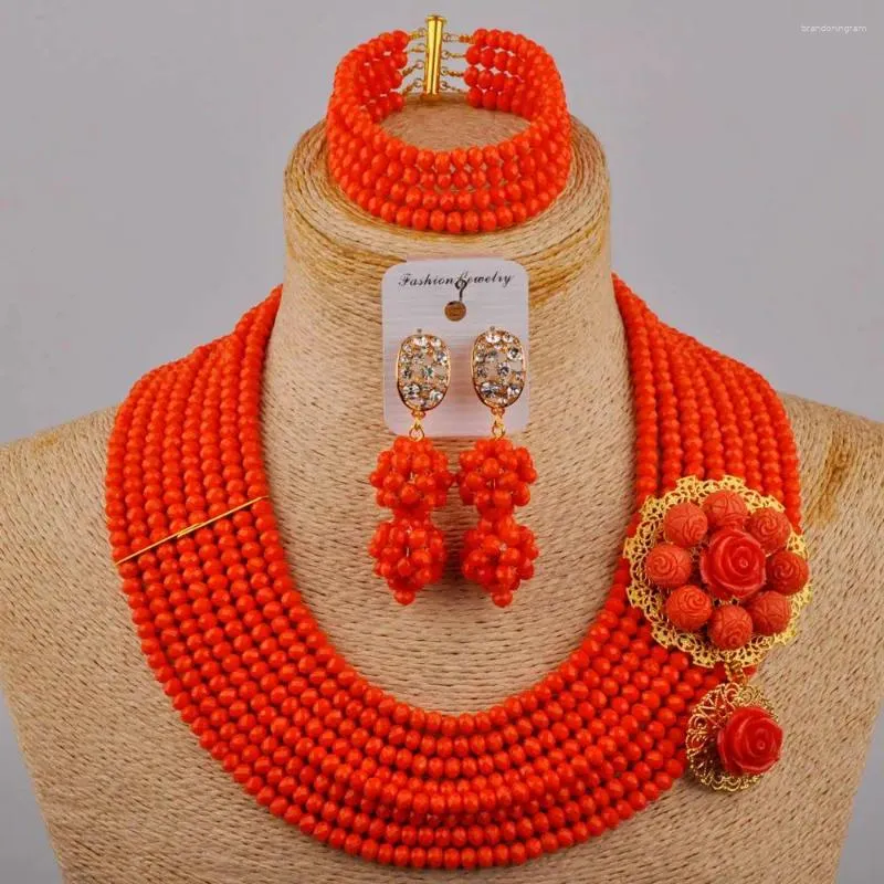 Necklace Earrings Set Opaque Orange Crystal Beaded African Jewelry Costume Bridal