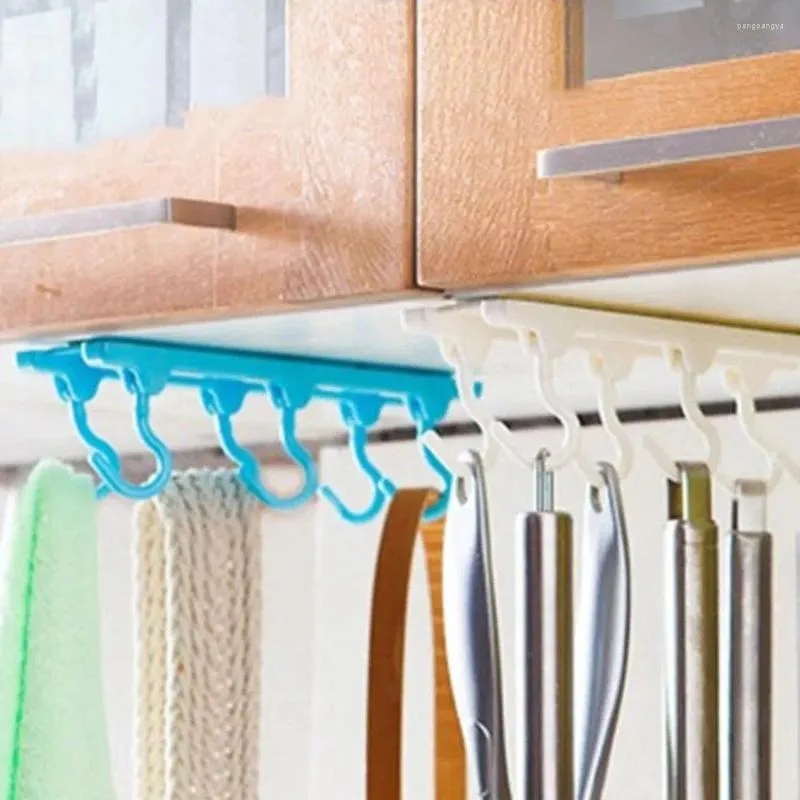 Kitchen Storage Punching-free Ceiling 6 Hooks Shelf Multifunctional Hanging Plastic Double-Row Hook Space Saving Cupboard Rack Bathroom