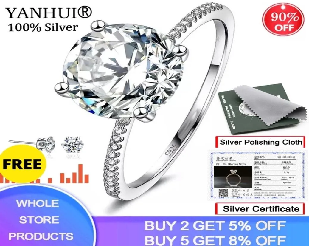 Yanhui med certifikat Solitaire 3 karatring original silver 925 smycken naturliga zirkonium diamant bröllop ringar för kvinnor LJ20105162680