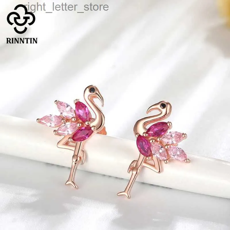 Stud Rinntin 925 boucles d'oreilles flamant en argent Sterling pour femmes plaqué or Rose mignon oiseau boucle d'oreille goujon AAAA Zircon bijoux TSE164 YQ231211