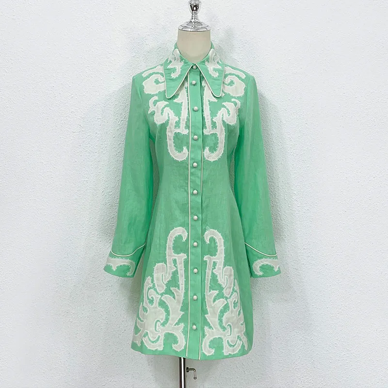 Vestido de diseñador australiano verde menta Vintage Lino estampado bordado manga larga cintura envuelta Vestido camisero corto 2024 nuevo