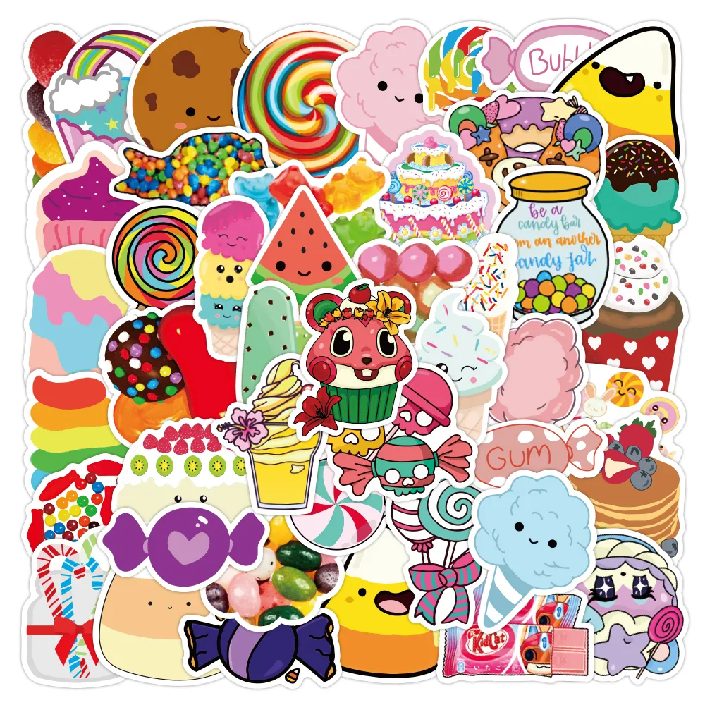 50st Colorful Candys Cartoon Waterproof PVC Stickers Pack för kylbil Suitcase Laptop Notebook Cup Phone Desk Cykel skateboardfodral.