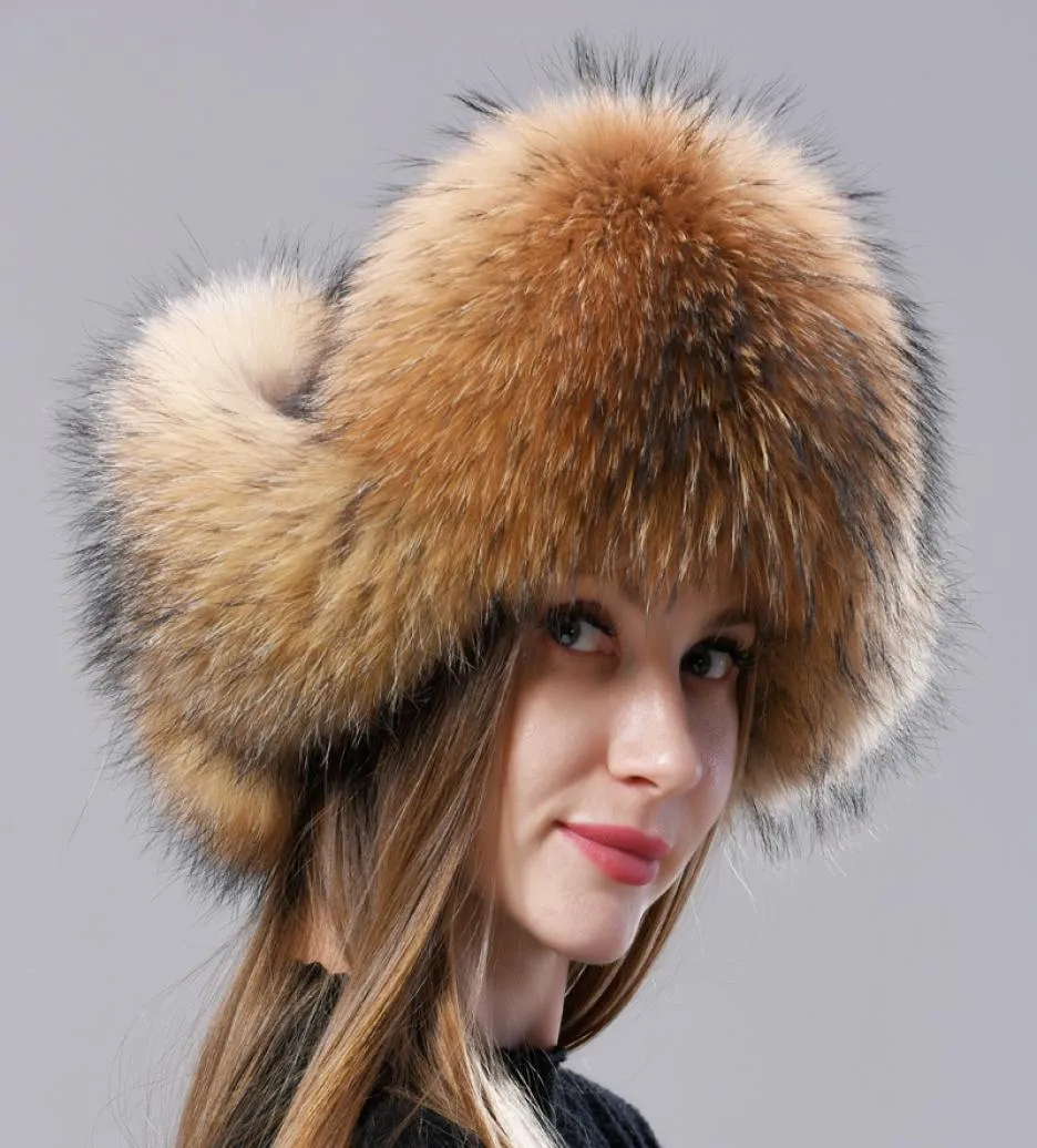 Chapéu de aviação russa de pele natural com orelhas ushanka feminino inverno quente e elegante boné de cauda moda chapéus reais 2208174605832