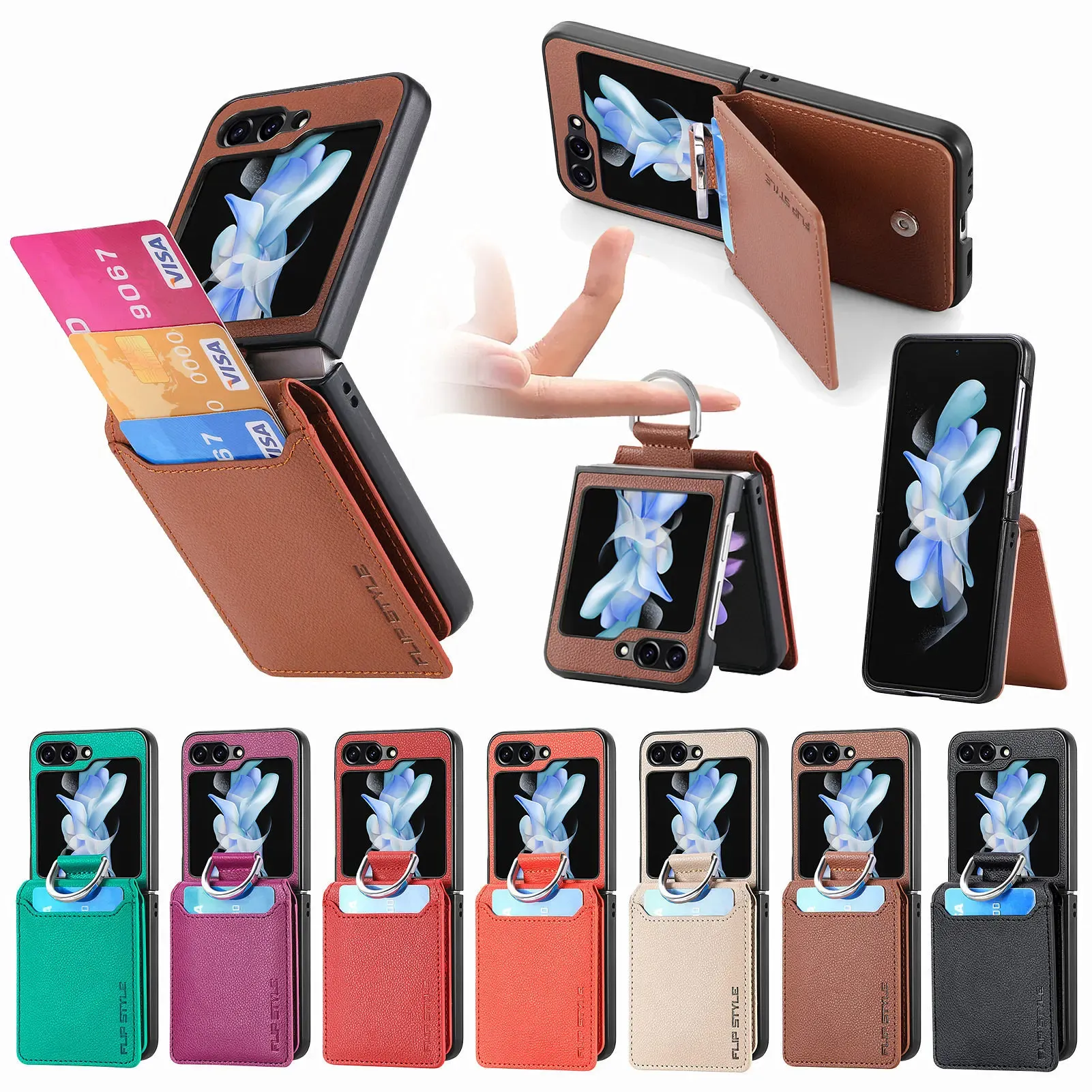 Ring Holder Wallet Phone Case For Samsung Galaxy Z Flip5 Flip 5 4 3 Card Holder Finger Ring Loop Shockproof Cover Litchi Skin Design Slim PU Leather Case