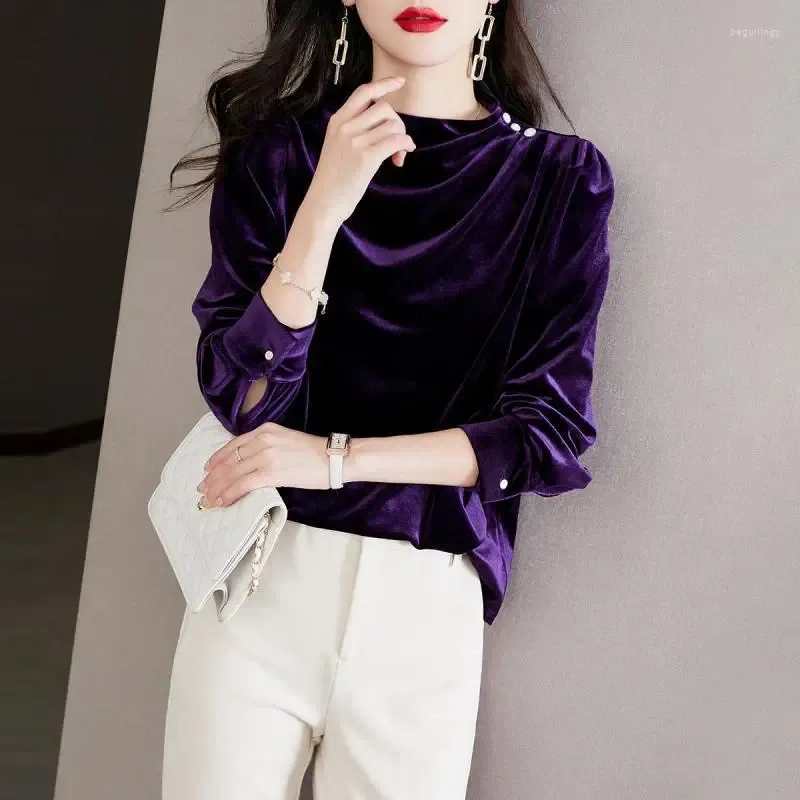 Women's Blouses French Style Vintage Half High Collar Blouse Clothing Basic Solid Color Autumn Winter Velvet Fashion Folds Button Shirt