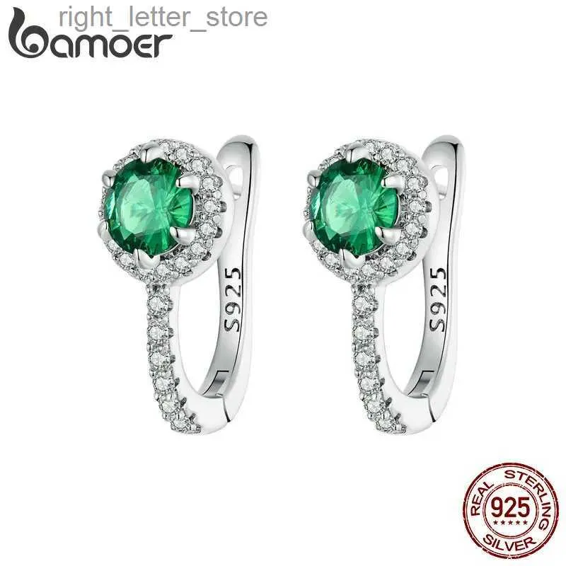 Stud BAMOER Platine Plaqué Vert Zircone Cubique 925 Boucles D'oreilles En Argent Sterling Élégant Solitaire Rond Huggie Boucles D'oreilles De Mode YQ231211