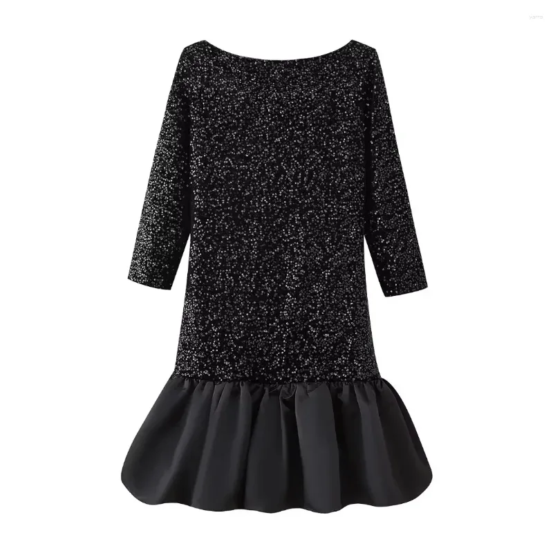 Abiti casual Mini abito con paillettes Impiombato Orlo arricciato 2024 Primavera Donna Scollo a barca Aperto sul retro Coda di pesce nera Corto per donna