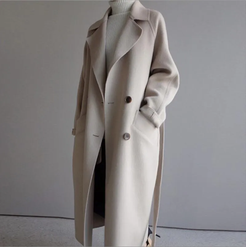 2024 Winter Coat Womens Wide Lapel Belt Pocket Wool Blend Coat