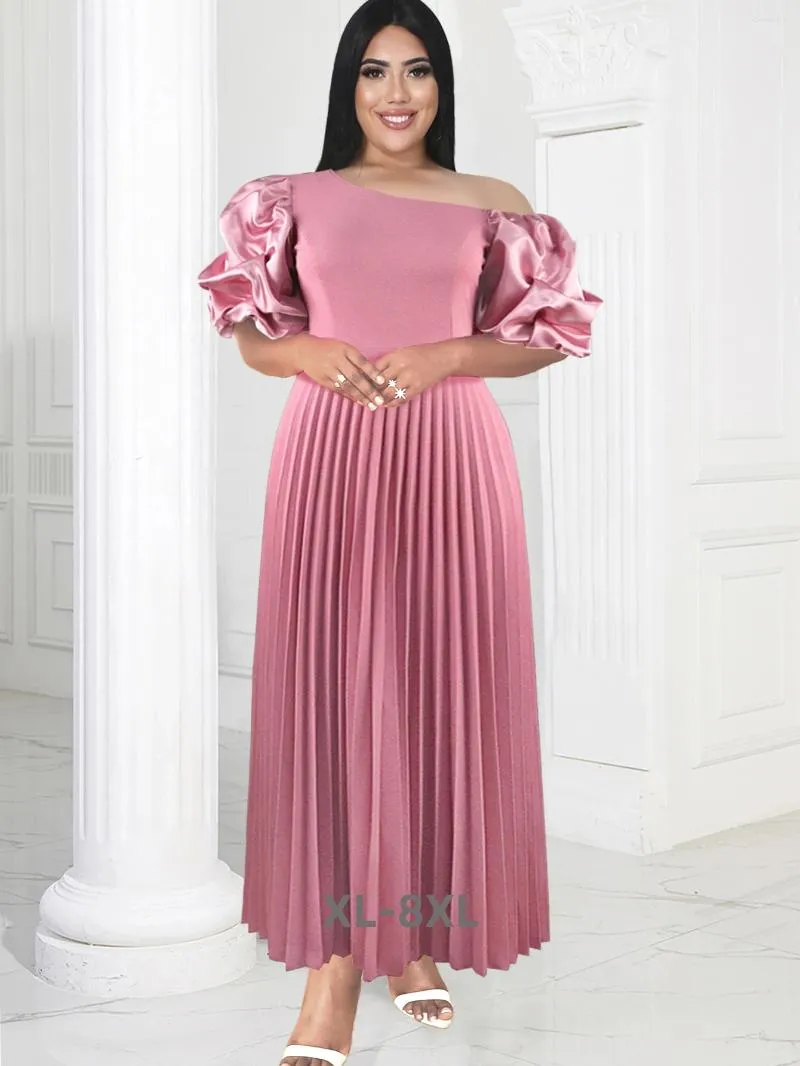 Plus storlek klänningar kall axel kort puffhylsa rosa imperium en linje veckade prom kläder för damhändelse pa 3xl 4xl 5xl 6xl