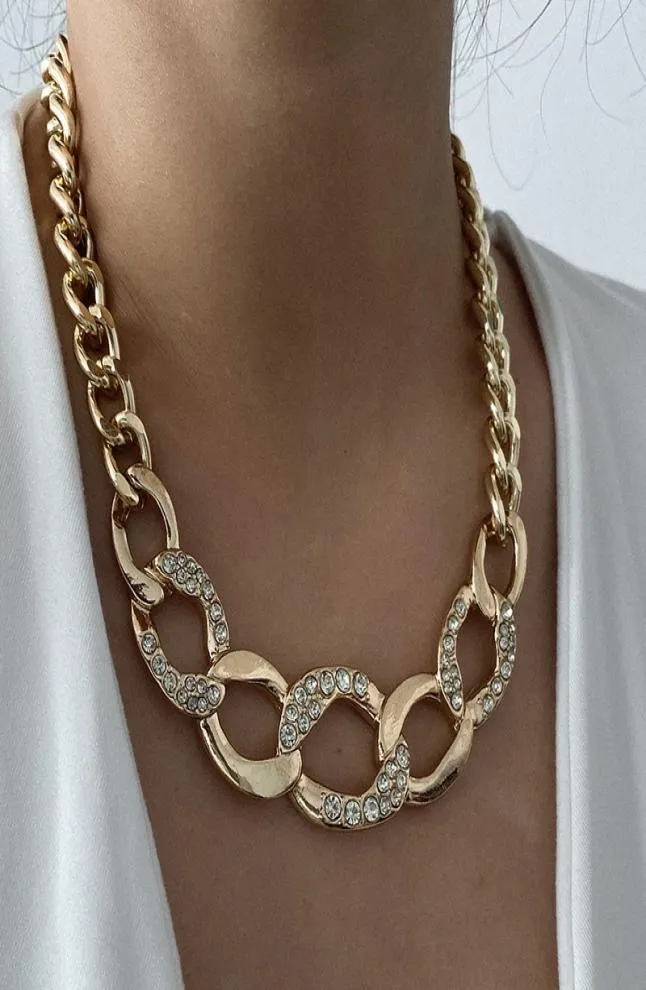 Rhinestone Diamond Chain Choker Necklaces for Woman Vintage Exaggerated Big Golden Links Sparkling Girls Statement Necklace Hip Ho9647493