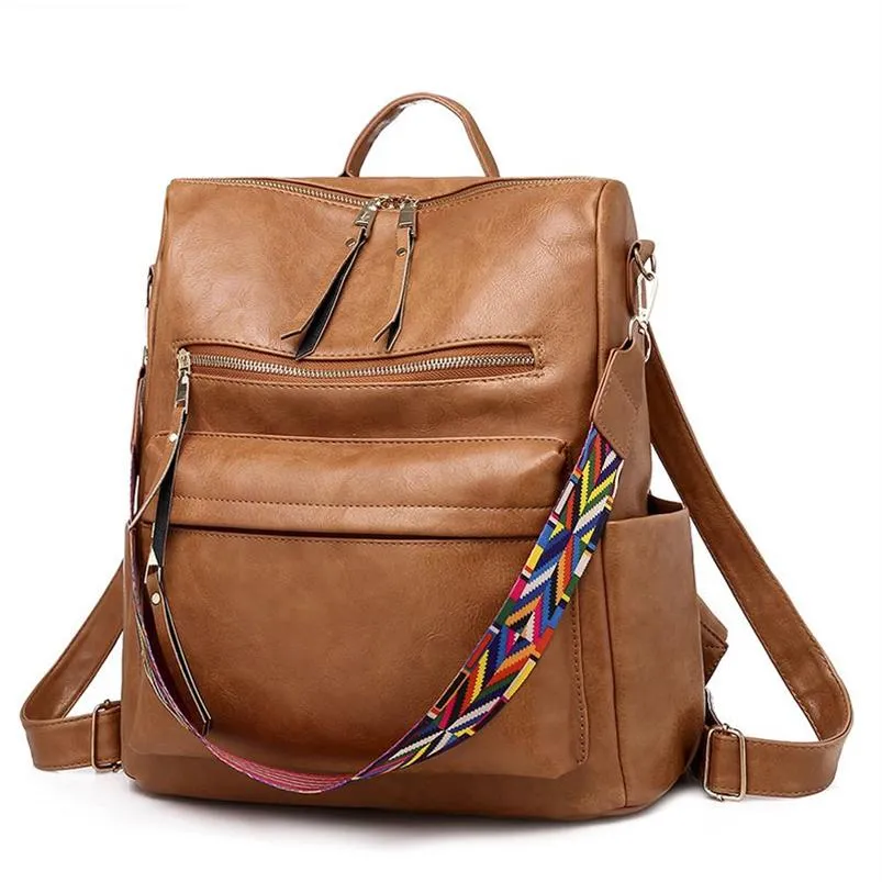 Vintage Women PU Leather Backpack High Quality Large Capacity Travel Shoulder School Bags Mochila Women Solid Crossbody Bag A1113337A