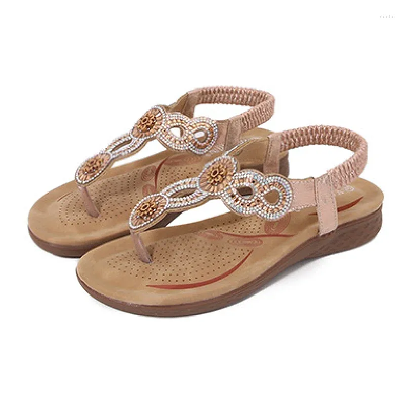 SURET Buty Qianshuyi Chic Rose Gold Floral Bohemian Thong Sandals 2,5 cm klinowa pięta 2024 Kolekcja letnia na plażę poślizgną