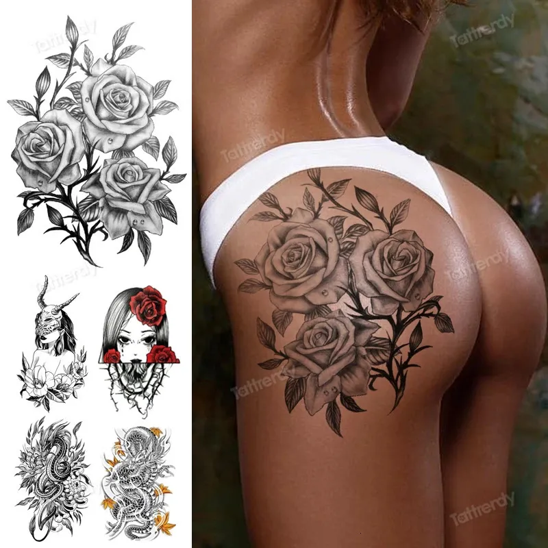 Tatouages temporaires croquis fleurs noir autocollants de tatouage temporaire imperméable cuisse bras corps manches anime serpent renard lion dessins sombres femmes 231208