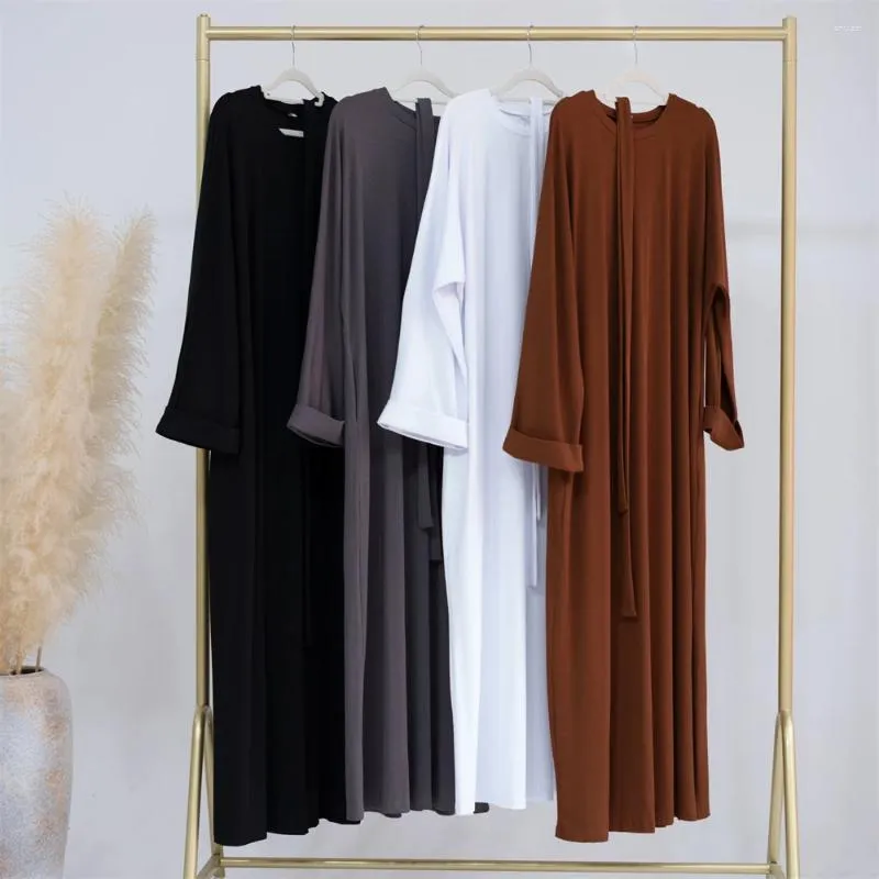 Roupas étnicas Modest Casual Plain Muçulmano Mulheres Com Nervuras O-pescoço Longo Maxi Vestido Turquia Dubai Árabe Kaftan Femme Abaya Eid Ramadan Jalabiya