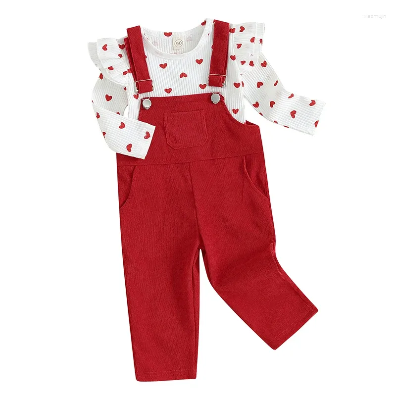 Clothing Sets Toddler Girl Valentine Outfits Heart Print Crew Neck T-shirt Tops Suspender Pants Overalls 2Pcs Infant Spring Clothes