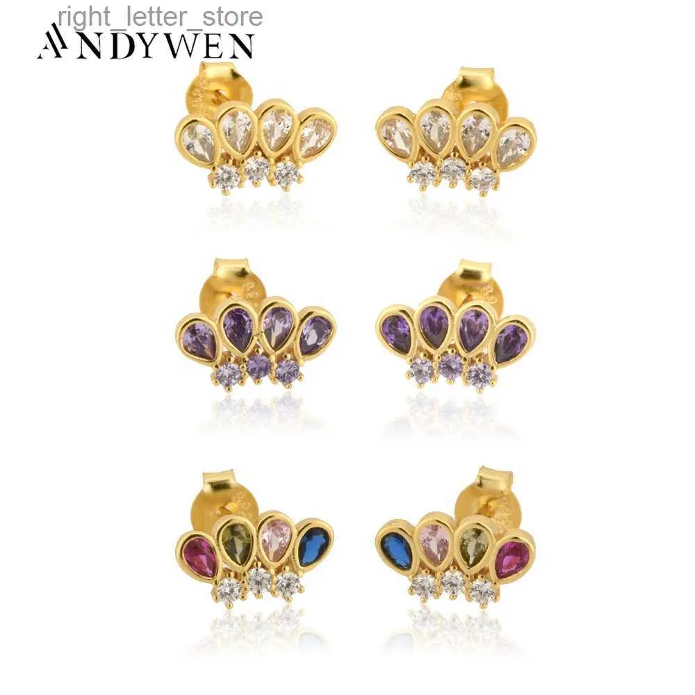 Stud Andywen 925 STERLING Gümüş Gökkuşağı Ovals Stud Küpe Kadınlar Luuxry Zircon Saplama Kaya Punk Moda Güzel Takı YQ231211