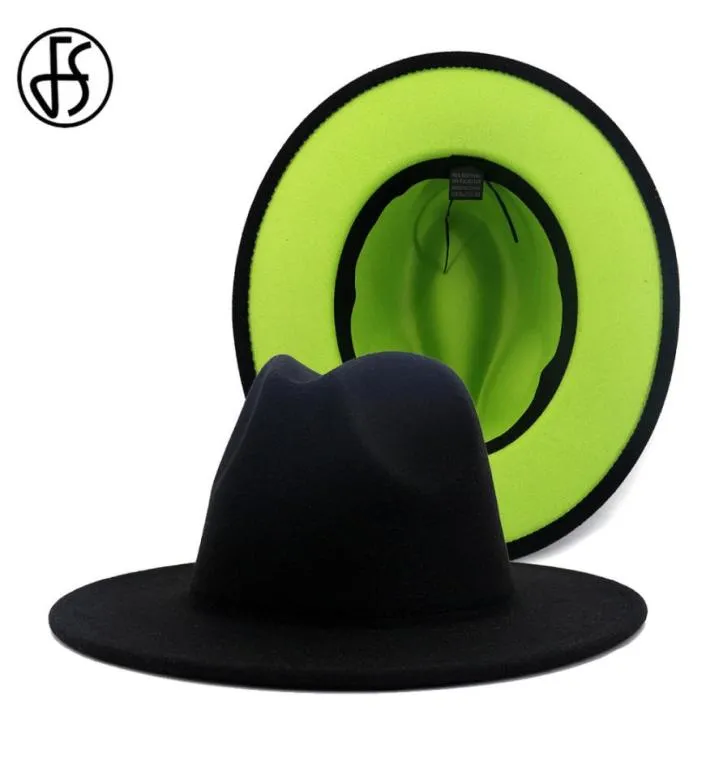 FS 2020 60CM HAT Black Green Patchwork Fedora Hats Mężczyźni Kobiety szeroki Brim Panama Cowboy Trilby Cap Party Elegancka wełna czapka jazzowa C8174777