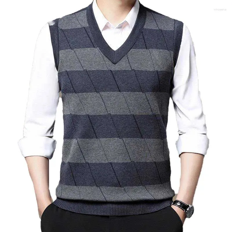 Men's Vests Fashion V-Neck Spliced Striped Vest Sweaters Clothing 2023 Autumn Winter Loose Knitted Casual Pullovers All-match Tops