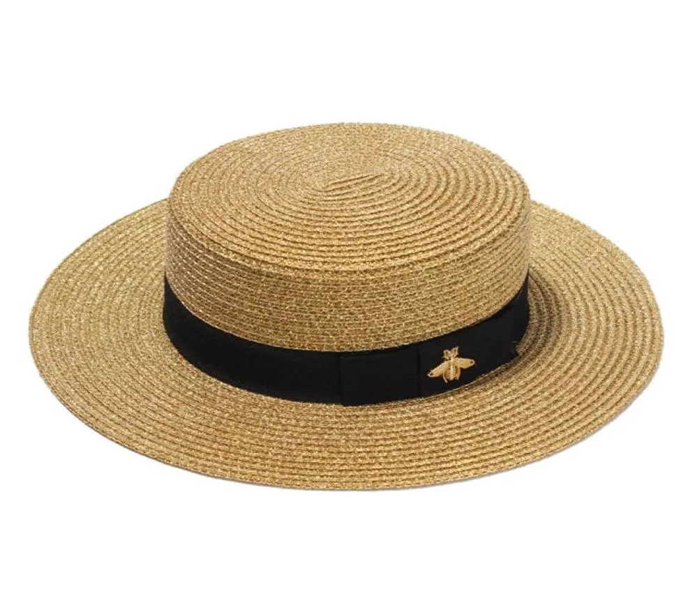 Masno tchnąca szerokopasmowa czapka złota metalowa pszczoła moda szeroka słomkowa czapka rodzicielka flattop Visor tlenne słomkowe kapelusz7879923