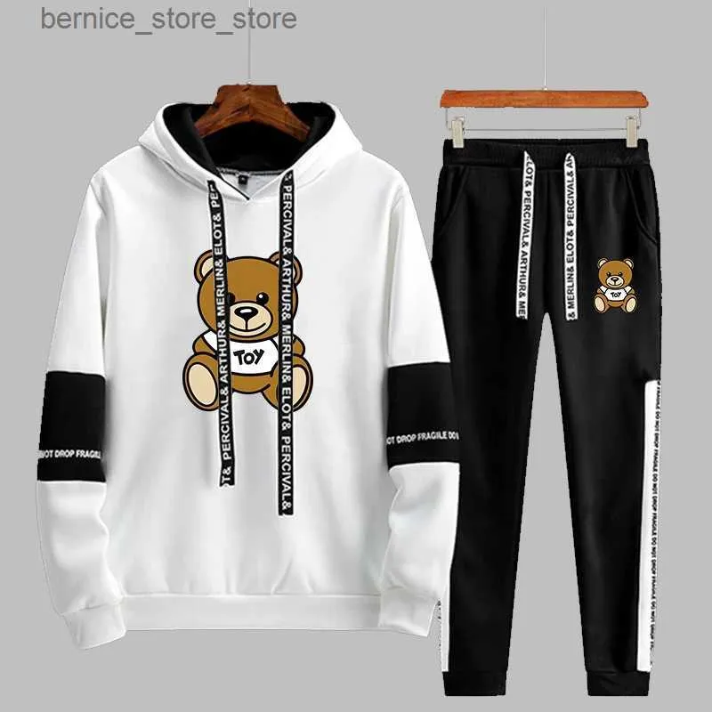 Herren-Trainingsanzüge, Herren-Trainingsanzug, Cartoon-Bär-Druck, Sweatshirt und Jogginghose, Paar, Streetwear-Outfit, lässig, langärmelig, übergroßer Kapuzenpullover Q231211