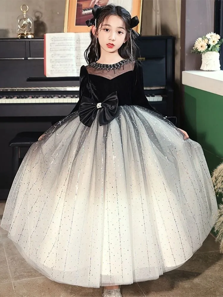 Arabic Crystals Flower Girl Long Sleeve Child Pageant Dresses New Beautiful Little Kids Black Shiny Ball Gown Formal Party Bridesmaid Dress 403