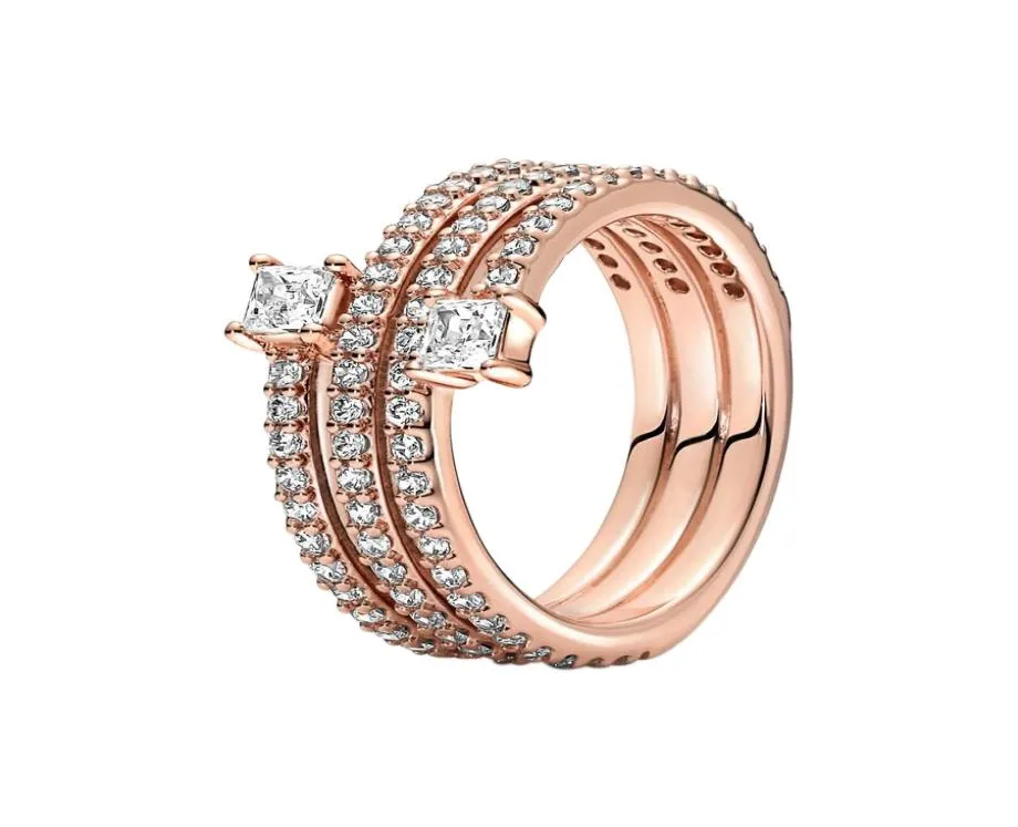 18K Rose Gold Triple Spiral Ring med originalbox för P Authentic Sterling Silver Wedding Jewelry for Women Girls Cz Diamond Girl Friend Engagement Rings9011882