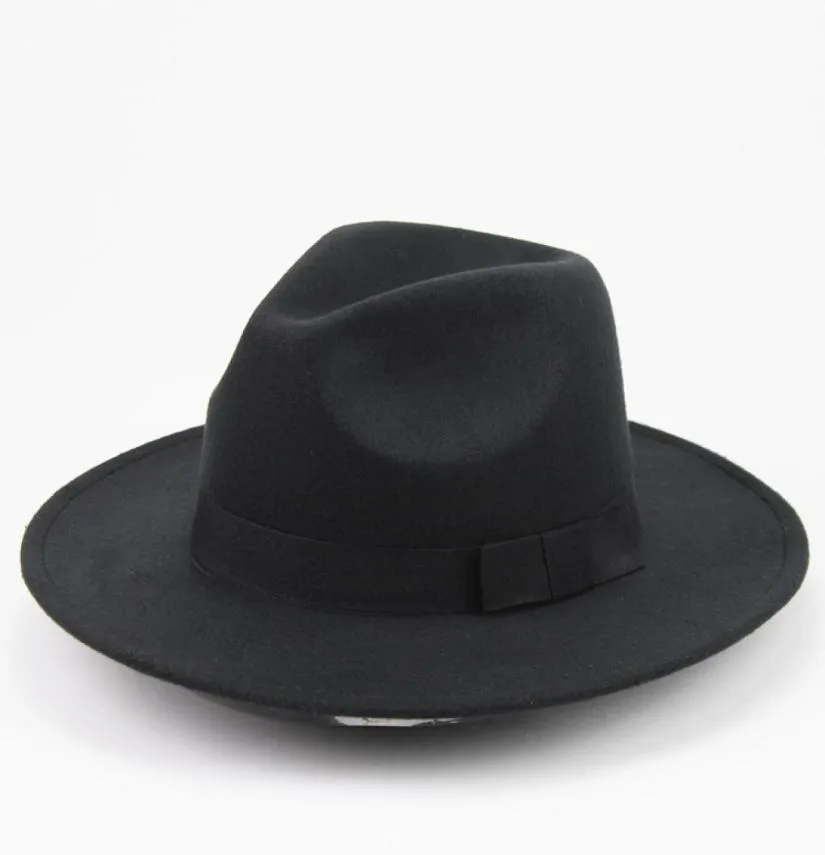 Cappello unisex in feltro di lana con finiture in nastro Cappelli jazz alla moda Cappellino Fedora a tesa larga Classico berretto Trilby solido per uomo e donna5693881