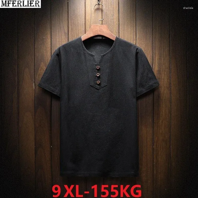 Herren T-Shirts Plus Size Big Herren Casual T-Shirt Sommer Leinen Kurzarm V-Ausschnitt T-Shirts 5XL 7XL 8XL 9XL T-Shirt Schwarz Home Tops 58 60 62 64 66