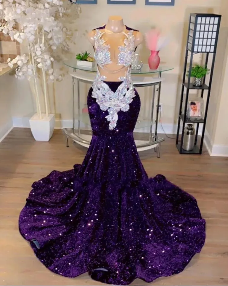 Grape Sheer O Neck Long Prom Dress For Black Girls 2024 Sparkly Sequined Birthday Party Dresses Beaded Appliques Evening Gowns