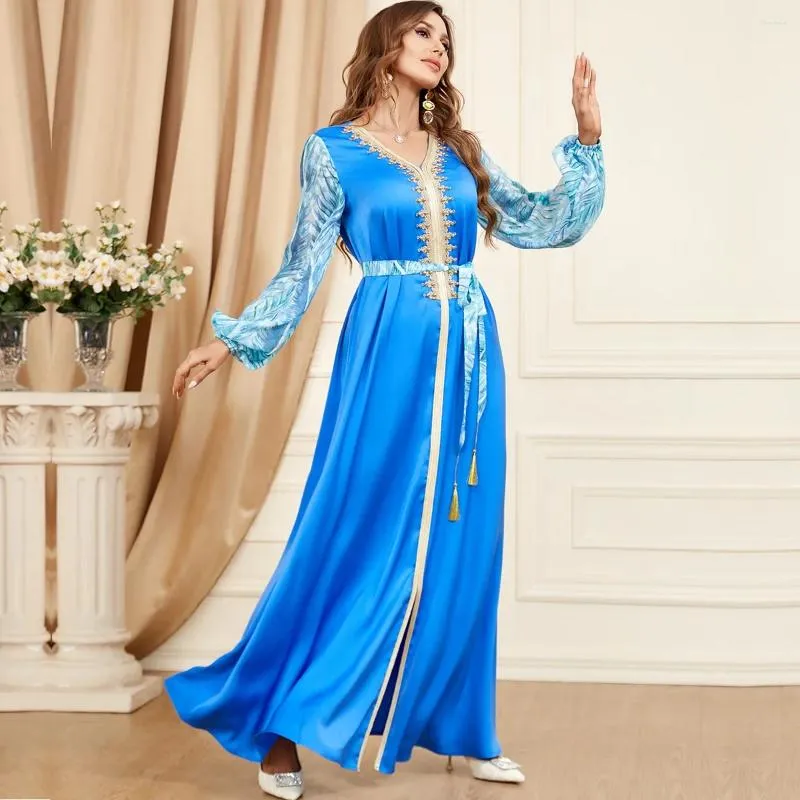 Roupas étnicas Muçulmanas Abayas Dubai Vestidos Marrocos Vestido de Noite Robe Patchwork Vestidos de Festa para Mulheres Bolha Manga Longa Tassel Kaftan