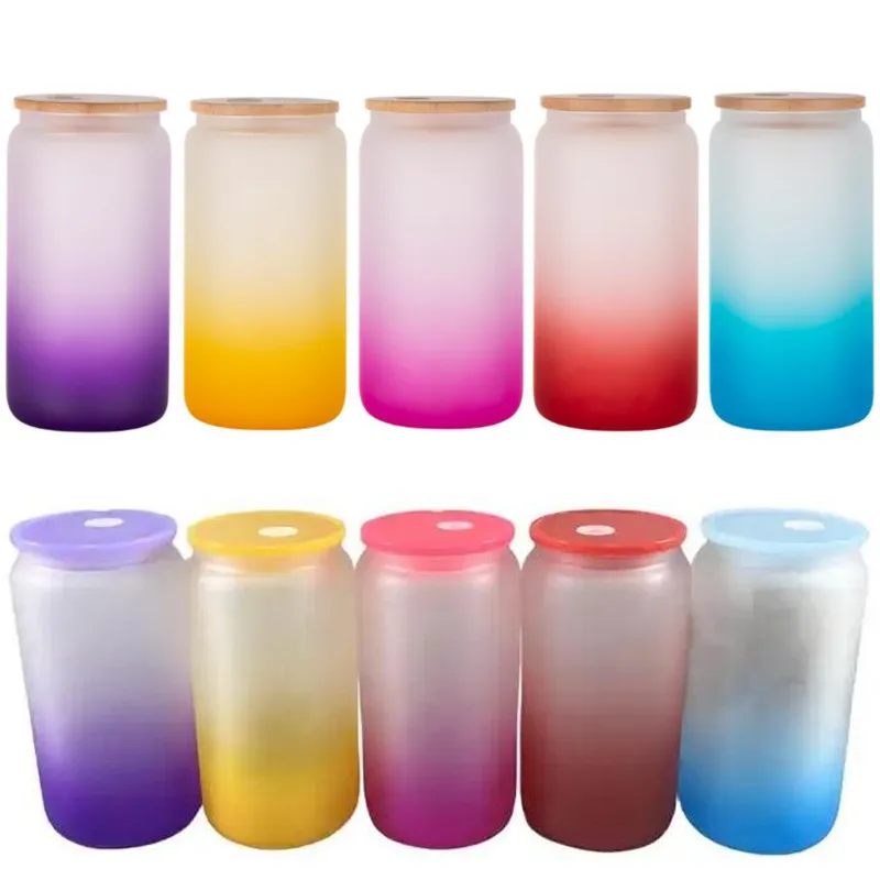 16oz Frosted Sublimation Gradient Glasss Can Cup Ombre Jelly Iced Juice Glasses Beer Can Tumbler Coffee Mug With Bamboo Lids/ Colorful Plastic Lids & Straws